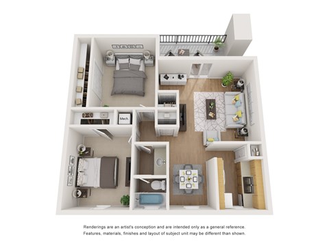 Floor plan for 2 beds, 1 bath, 858 sqft